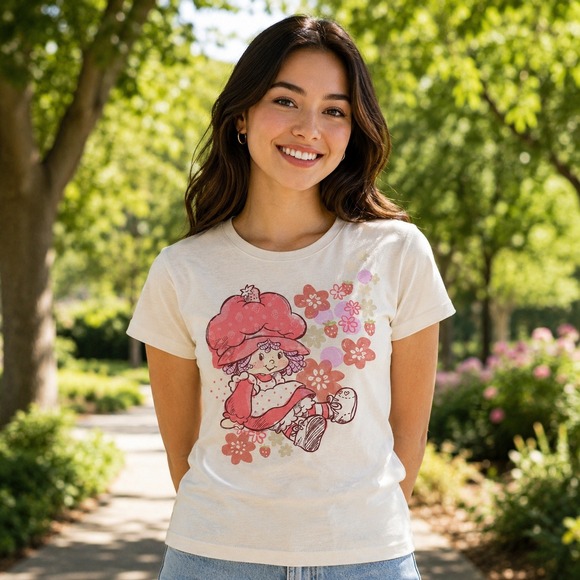 Strawberry Shortcake Tops - Strawberry Shortcake Graphic Tee Juniors Size Medium Cream Vintage Style Cotton